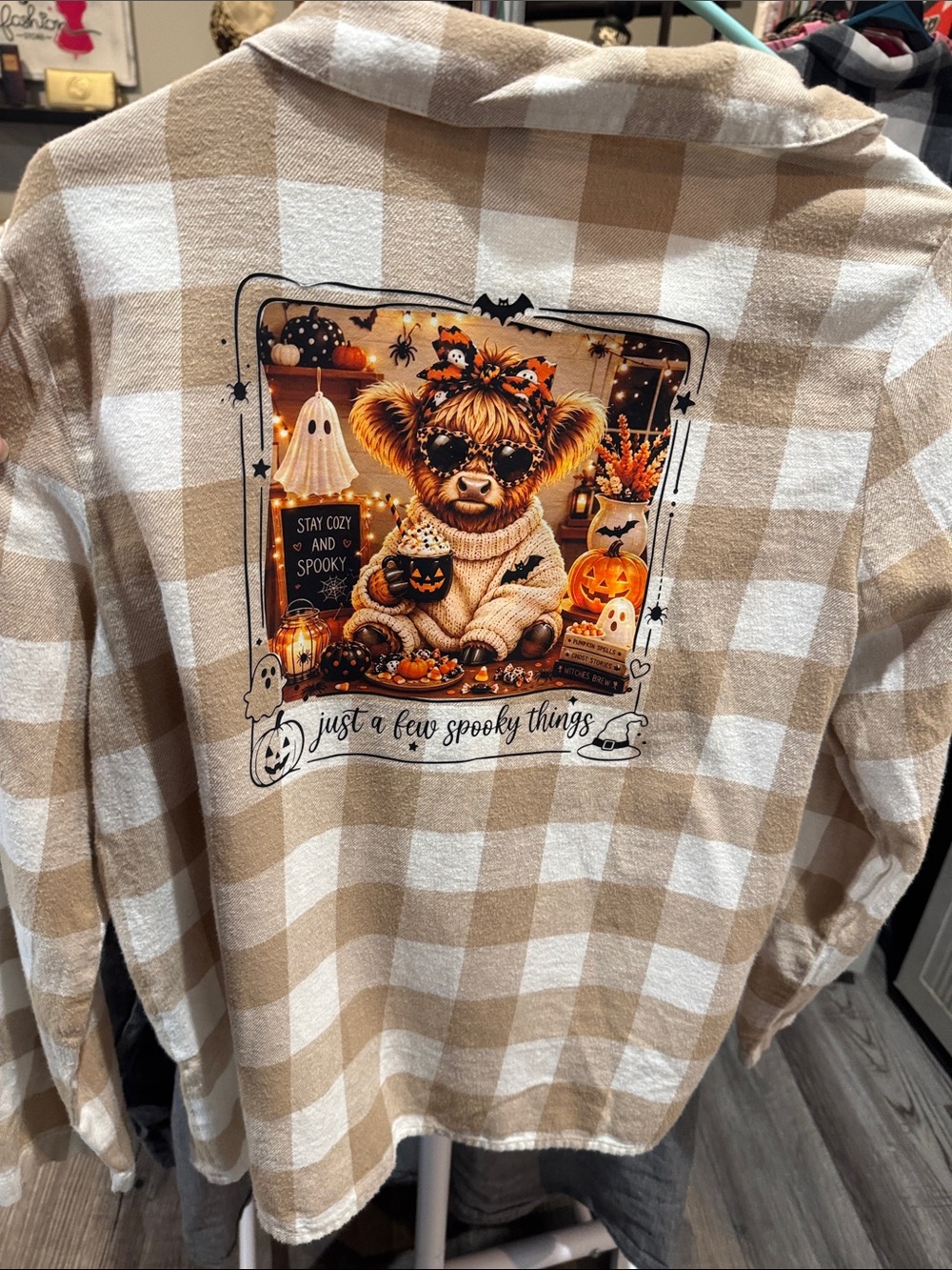 Beige Plaid Kids' Halloween Flannel Shirt - 'Just a Few Spooky Things'